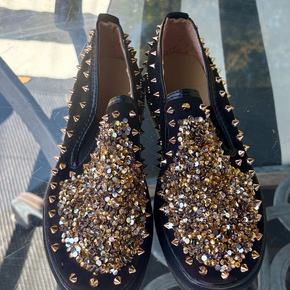 Studded Black and Gold Women's Slip-On Shoes - Picture 1 of 5